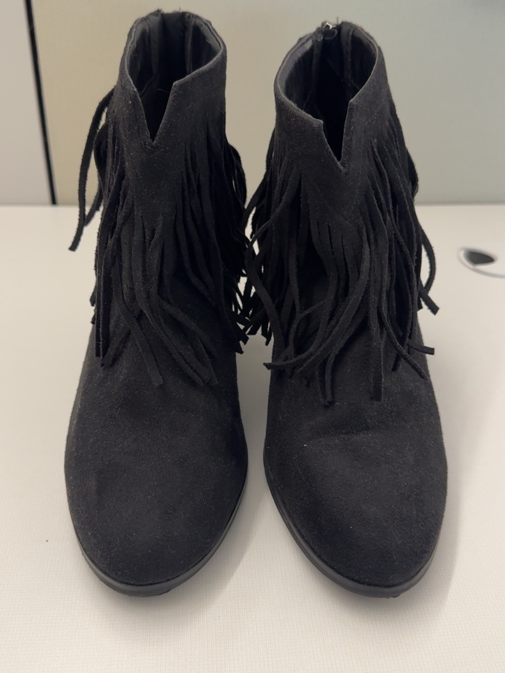 Black Round Toe Tassel Ankle Boots Chunky High Heel
Zipper Casual Shoes